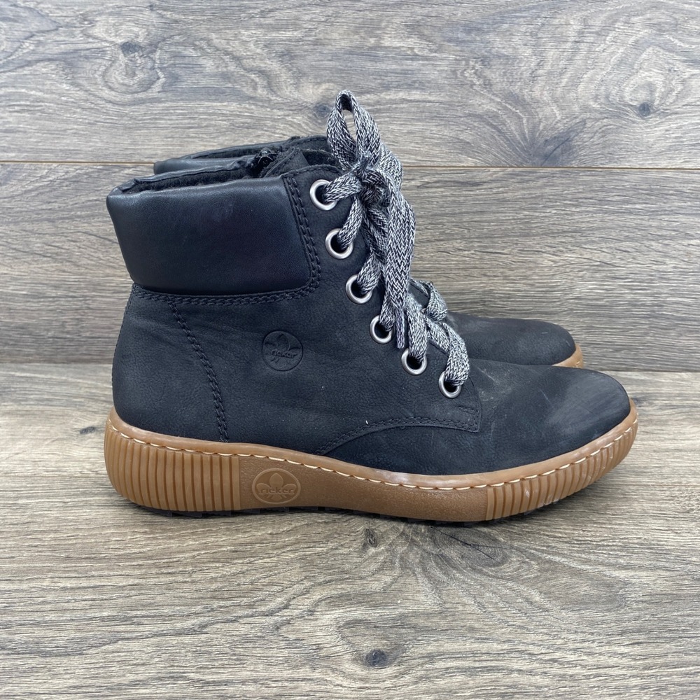 Rieker Ankle Boots Womens 41 Black Nubuck Faux Fur Lined Side Zip Gum Sole